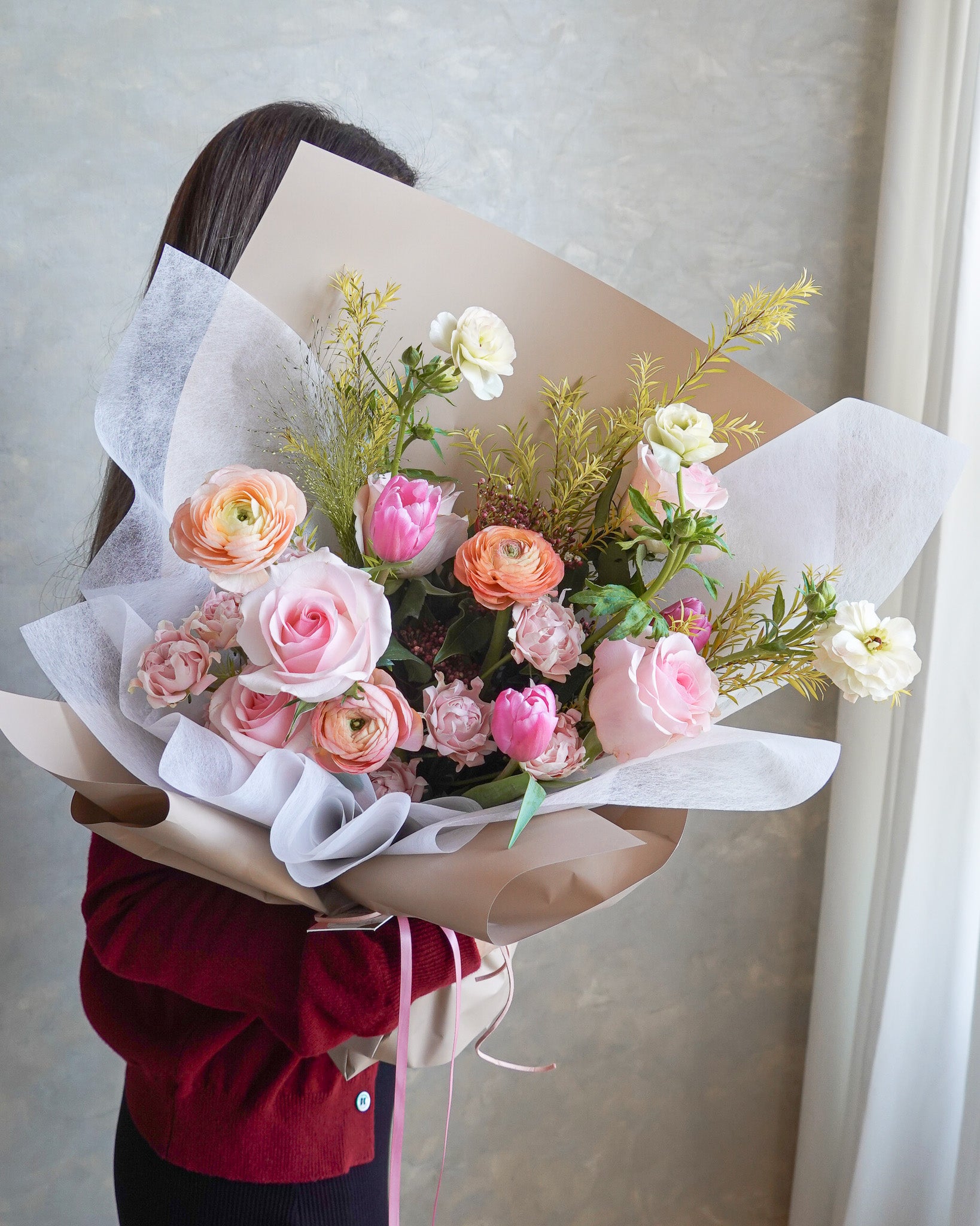 情人節花束2026 | Love Story | 粉紅玫瑰鬱金香花束